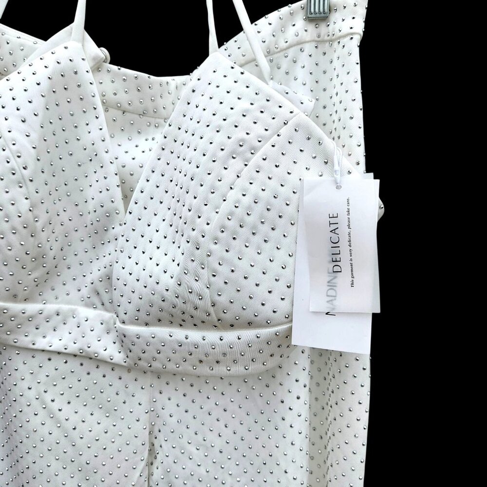 Nadine Merabi White Rhinestone Kira Two-Piece Set Top L Pants XL New - Picture 4 of 16